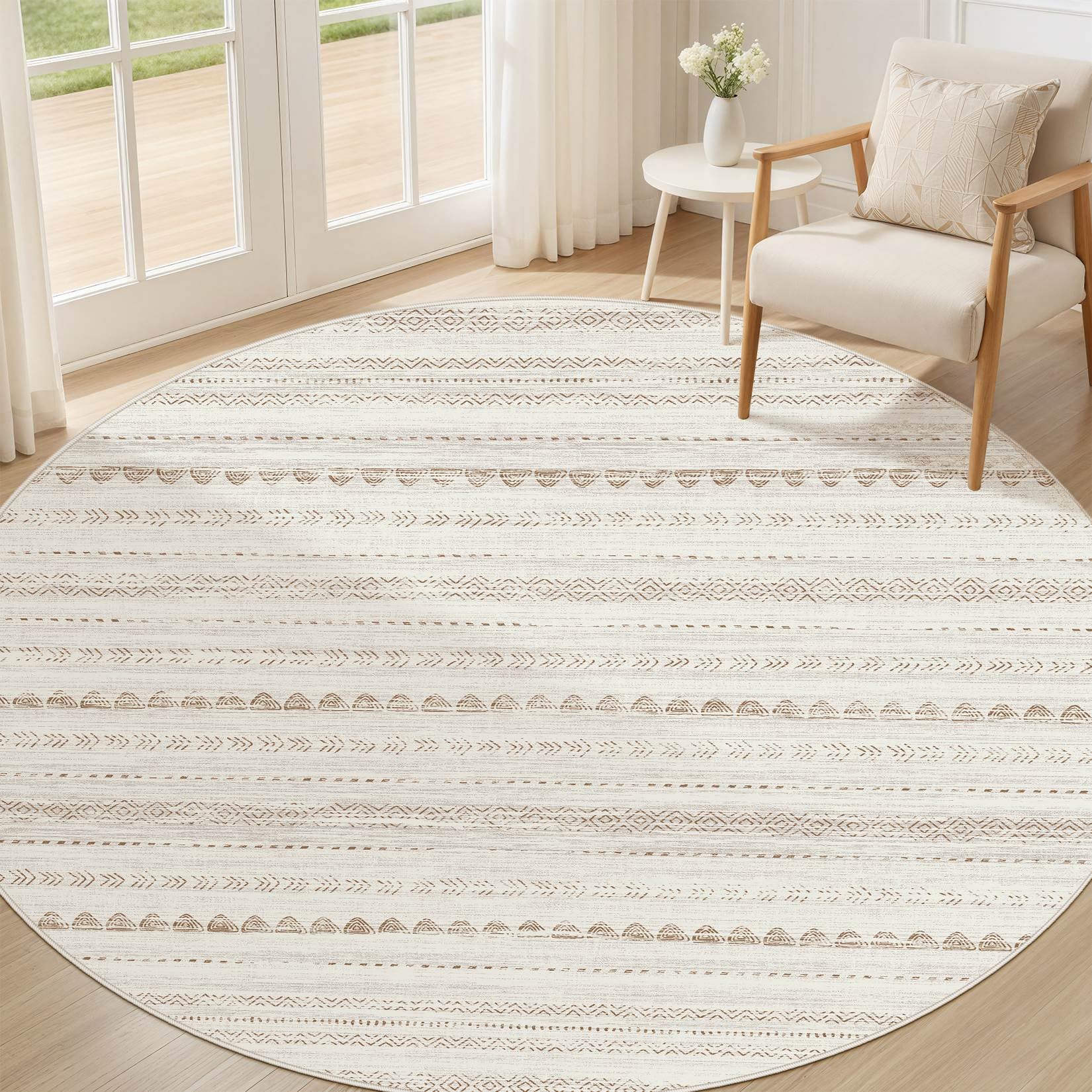 Nakagishi Round Rug Boho Area Rugs: 8x8 Washable Large Circle Neutral Soft Stain Resistant Non-Slip Carpet for Women Aged 25-45 Farmhouse Decor Enthusiasts - Living Room Bedroom Dining Room Nursery