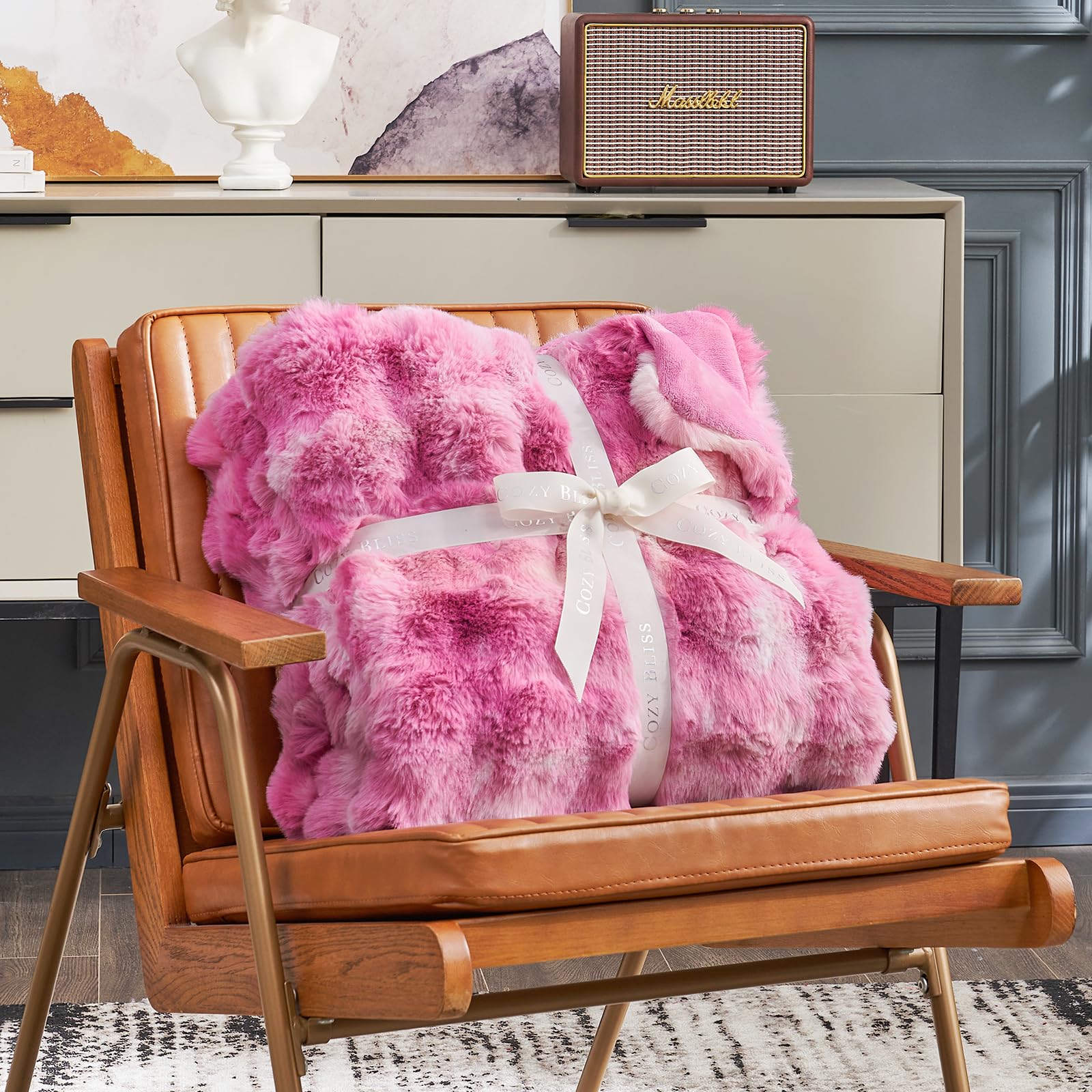 Cozy Bliss Faux Fur Throw Blanket for Couch, Fuzzy Soft Plush Thick Bubble Blanket for Sofa Bedroom Living Room, 50 * 60 Inches Tie Dye Pink
