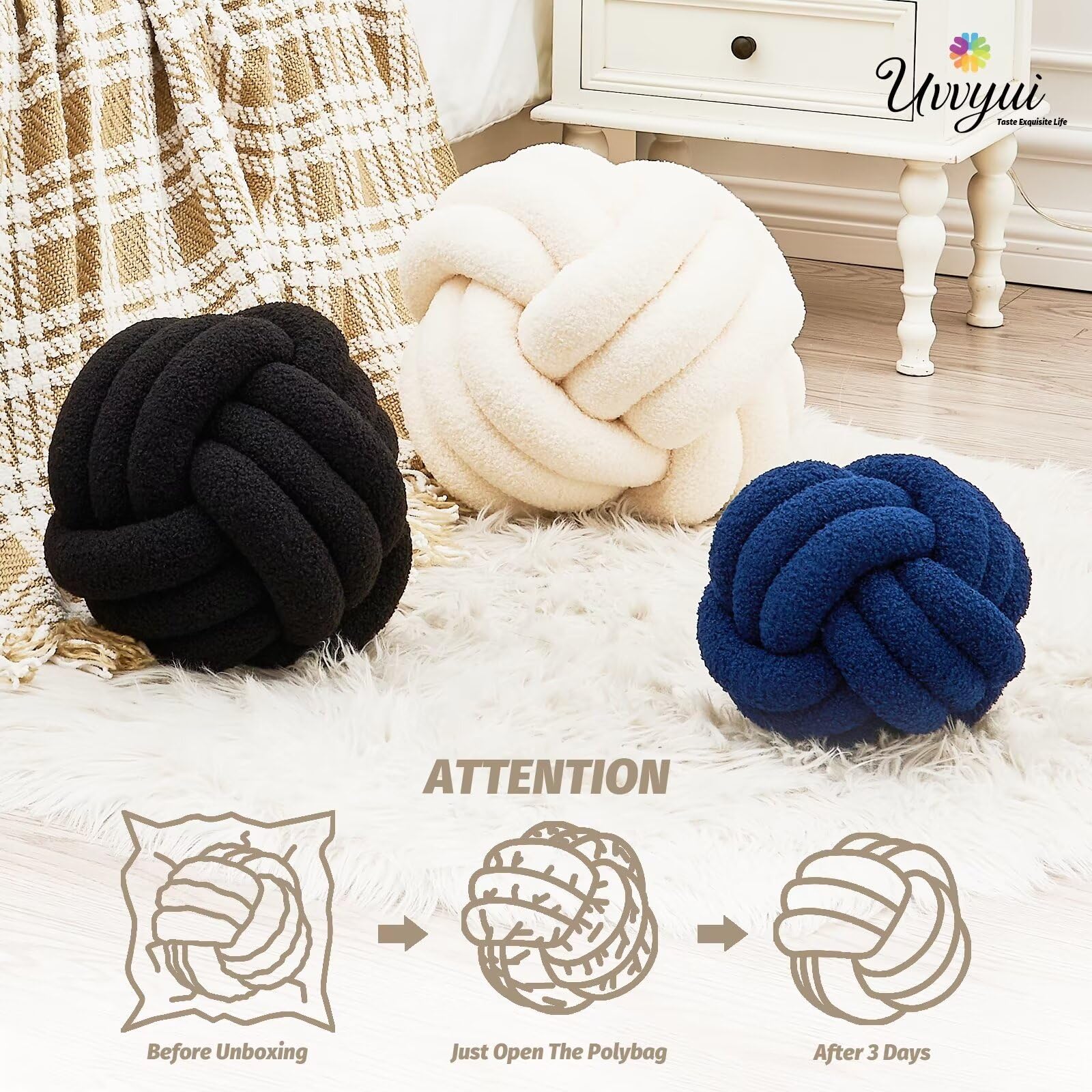 Uvvyui Knot Pillow Ball, Soft Home Decorative Round Throw Pillow, Handmade Knotted Plush Pillow, Round Boucle Pillow Cushion (8.6 Inches Ivory)