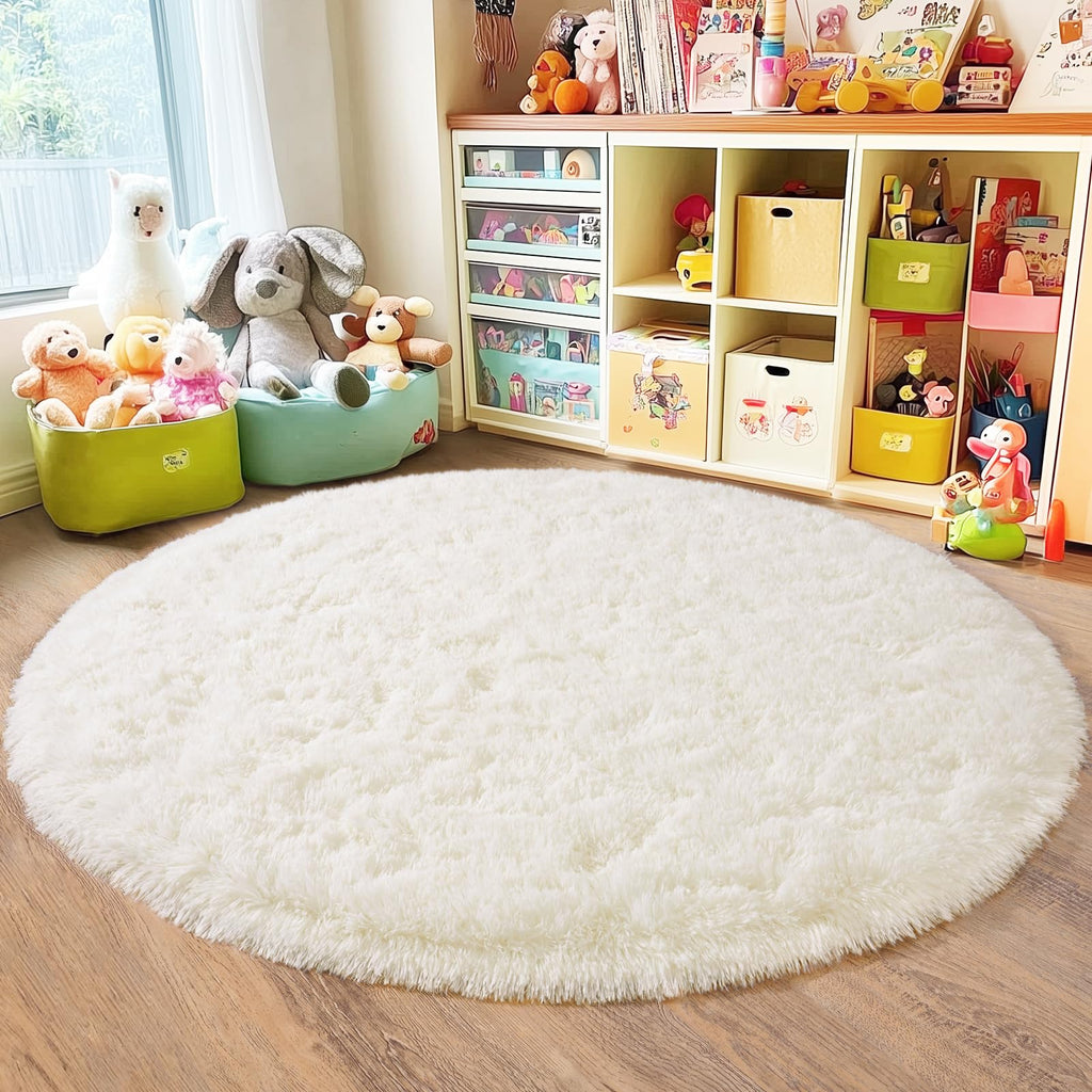 Quntue 5'x5' Cream Round Rugs for Girls Bedroom, Ultra Soft Fluffy Circle Rug for Kids Room, Cute Shag Rugs for Living Room Playroom Tent Castle Home Decor Rug
