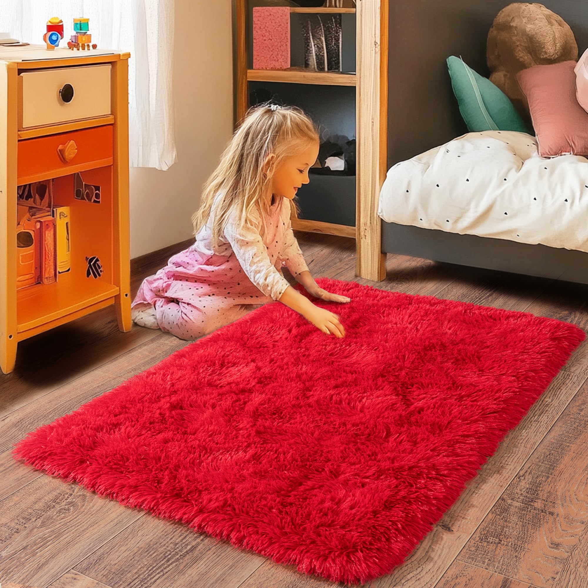 Quntue Small Area Rug, 2x3 Red Rug for Bedroom Shaggy Throw Rugs for Girls Room, Soft Carpet for Kids Room, Plush Non-Slip Fluffy Bedside Rug for Living Room Nursery Dorm Home Decor