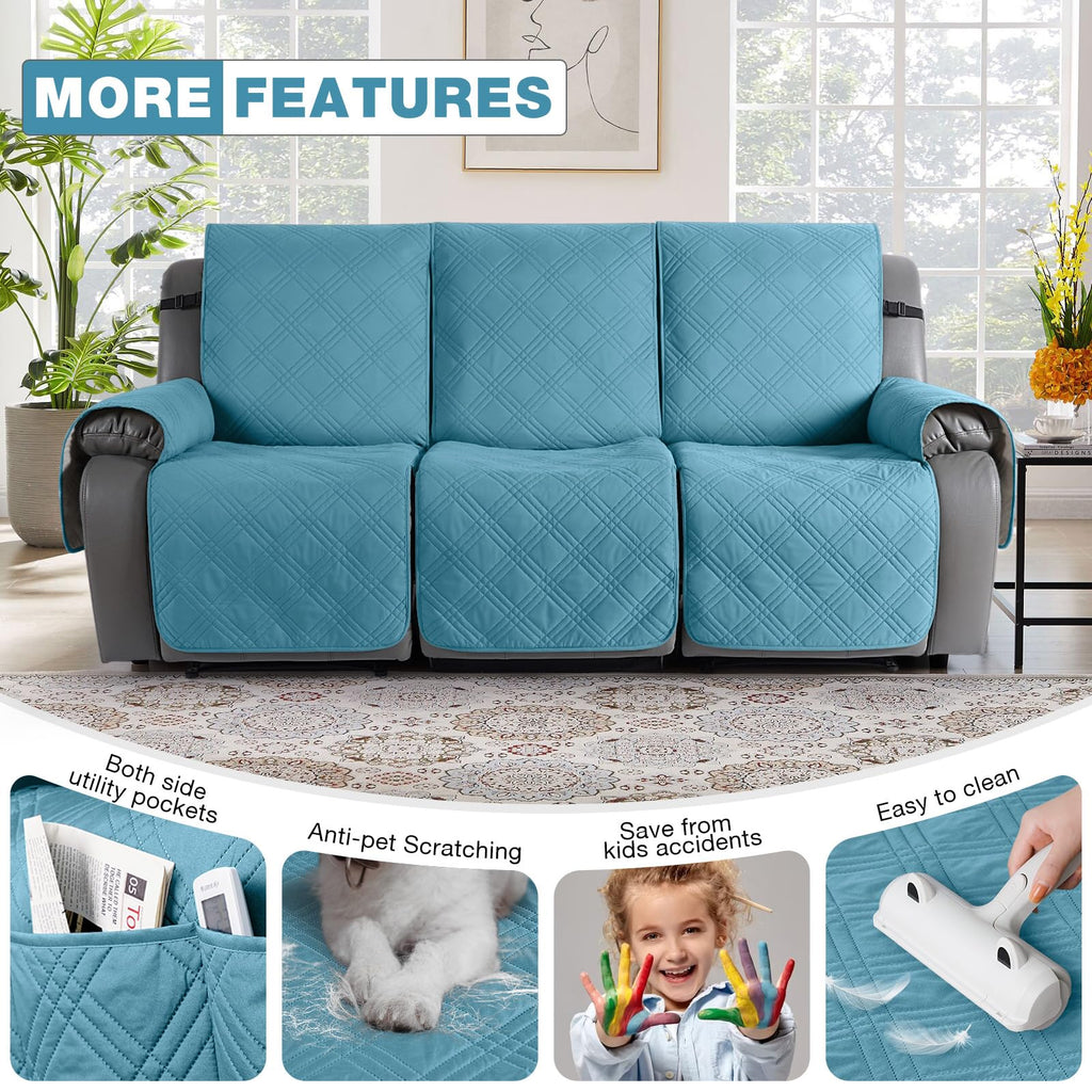 TAOCOCO 100% Waterproof Recliner Sofa Covers 3 Seater Split Couch Covers for 3 Cushion Reclining Couch with Straps, Non Slip Reclining Sofa Covers Furniture Protector for Kids Pets(3 Seater, Sky Blue)