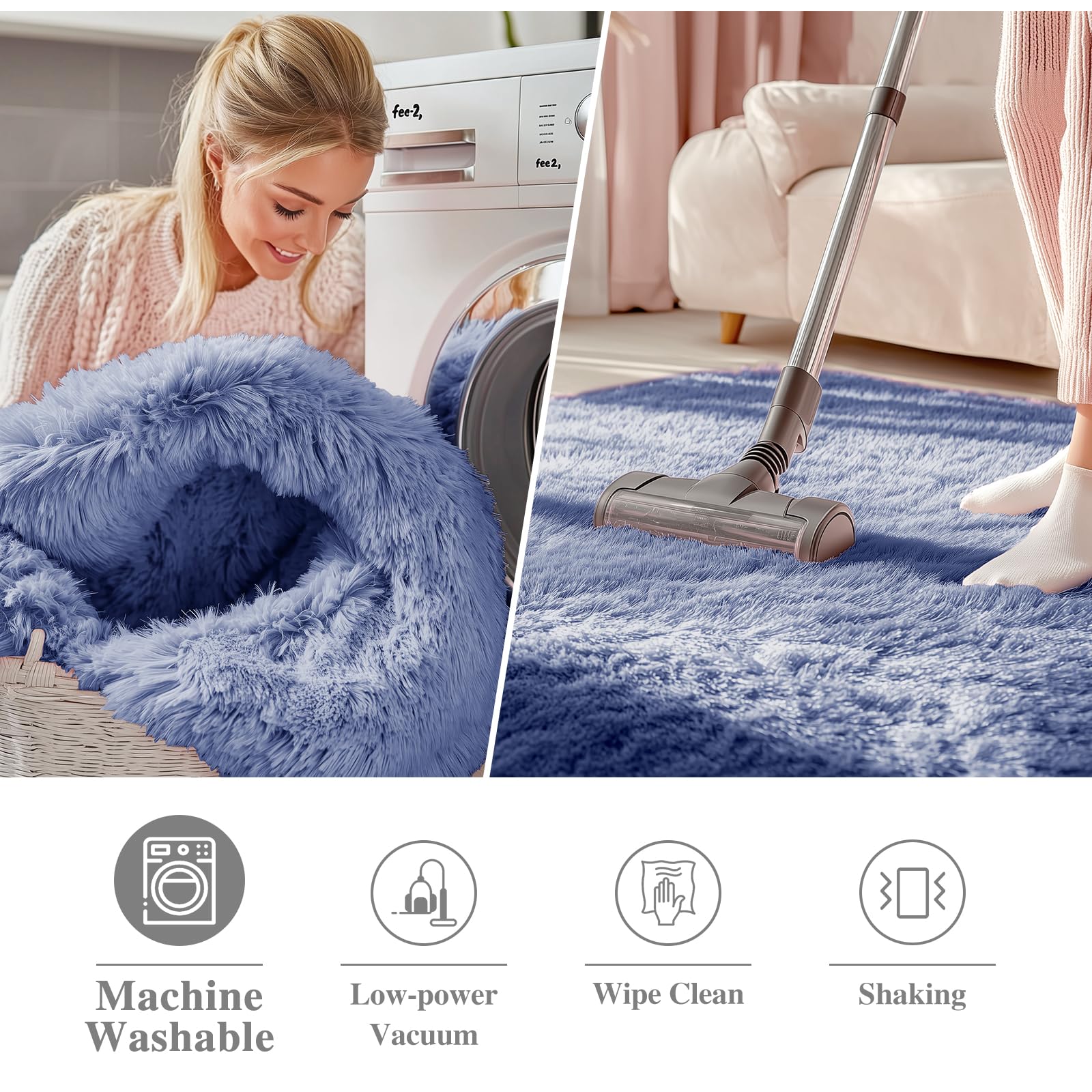 OLANLY Denim Blue Round Rugs for Bedroom - Machine Washable, 5 ft Circle Area Rugs for Living Room, Soft and Fluffy Shaggy Carpet for Teen Girl and Boys, Nursery Rooms, Dorms, Home Decor Aesthetic