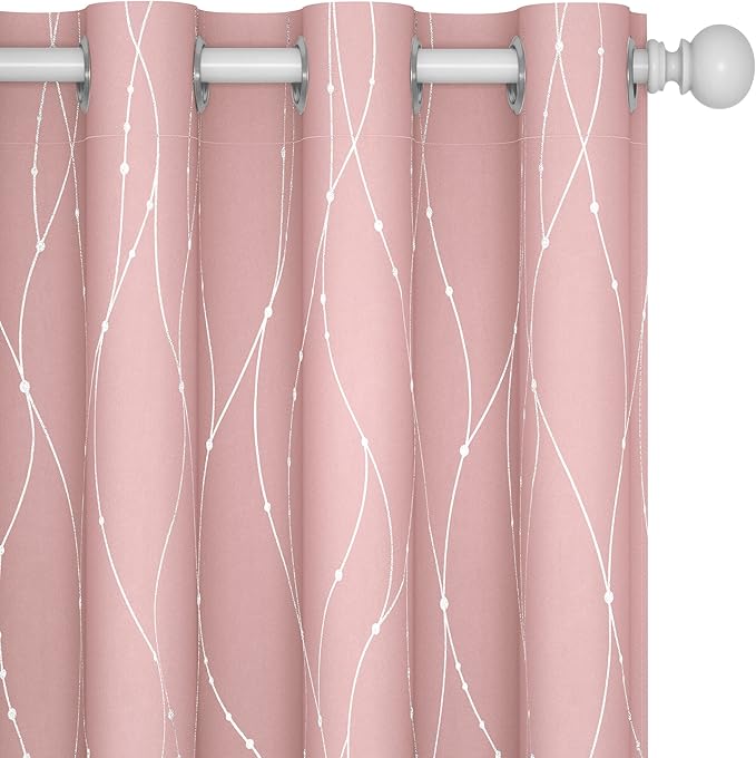 Deconovo Pink Curtains, Blackout Drapes, Thermal Insulated Soundproof Curtain, Silver Wave Dots Print, 52 x 63 Inch Long, Machine Washable Window Panels for Girls Bedroom Living Room Nursery, Set of 2