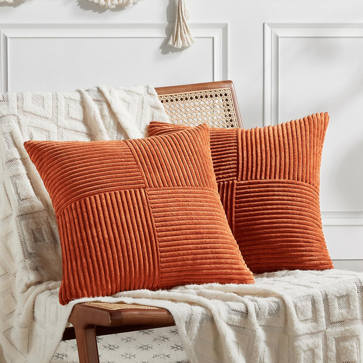 Fancy Homi 2 Packs Blush Pink Euro Decorative Throw Pillow Covers 26x26 Inch for Couch Bed Bedroom, Farmhouse Boho Home Decor, Soft Corss Corduroy Patchwork Textured Square Cushion Case 66x66 cm
