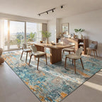 Ompaa Living Room Rug 8x10 Blue Area Rugs Machine Washable Abstract Boho Large Carpet Non-Slip Non-Shedding Faux Wool Indoor Vintage Rugs for Bedroom, Classroom, Dining Room, Kids Playroom
