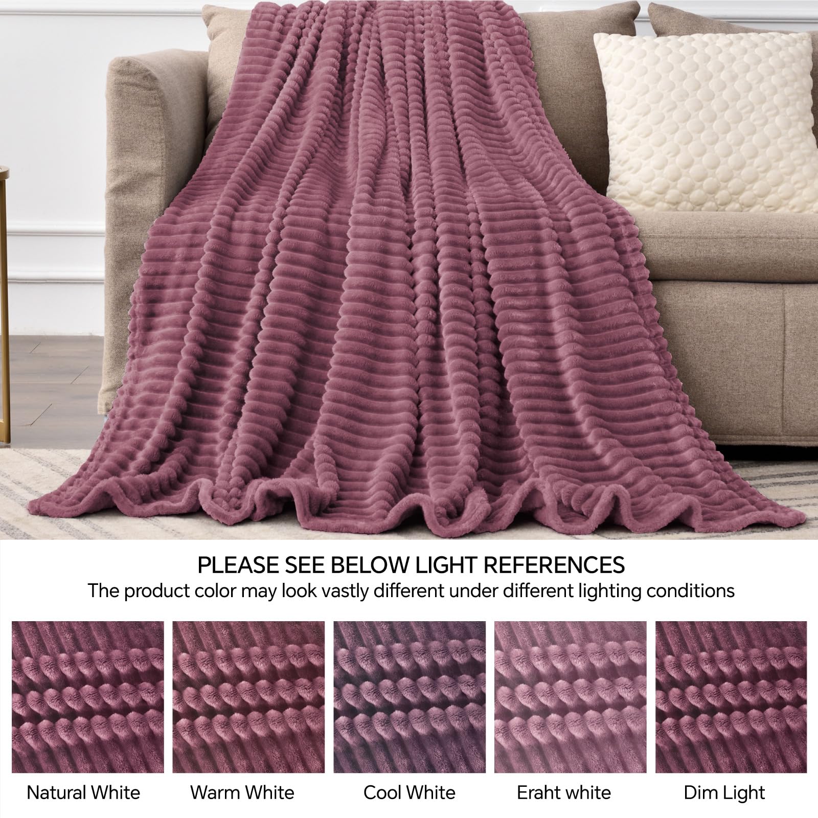 BEDELITE 3D Ribbed Jacquard Plum Fleece Twin Blanket for Bed, 60x80 Inch