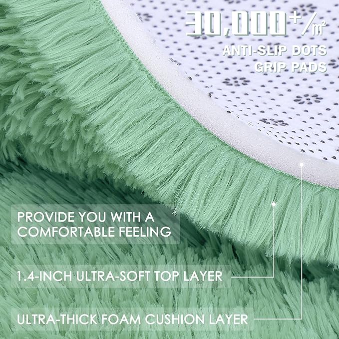 OLANLY Mint Green Round Rugs for Bedroom - Machine Washable, 8 ft Circle Area Rugs for Living Room, Soft and Fluffy Shaggy Carpet for Teen Girls and Boys, Nursery Rooms, Dorms, Home Decor Aesthetic