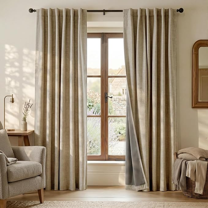 RYB HOME Burlap 100% Blackout Linen Curtains 78 Inch Long for Bedroom