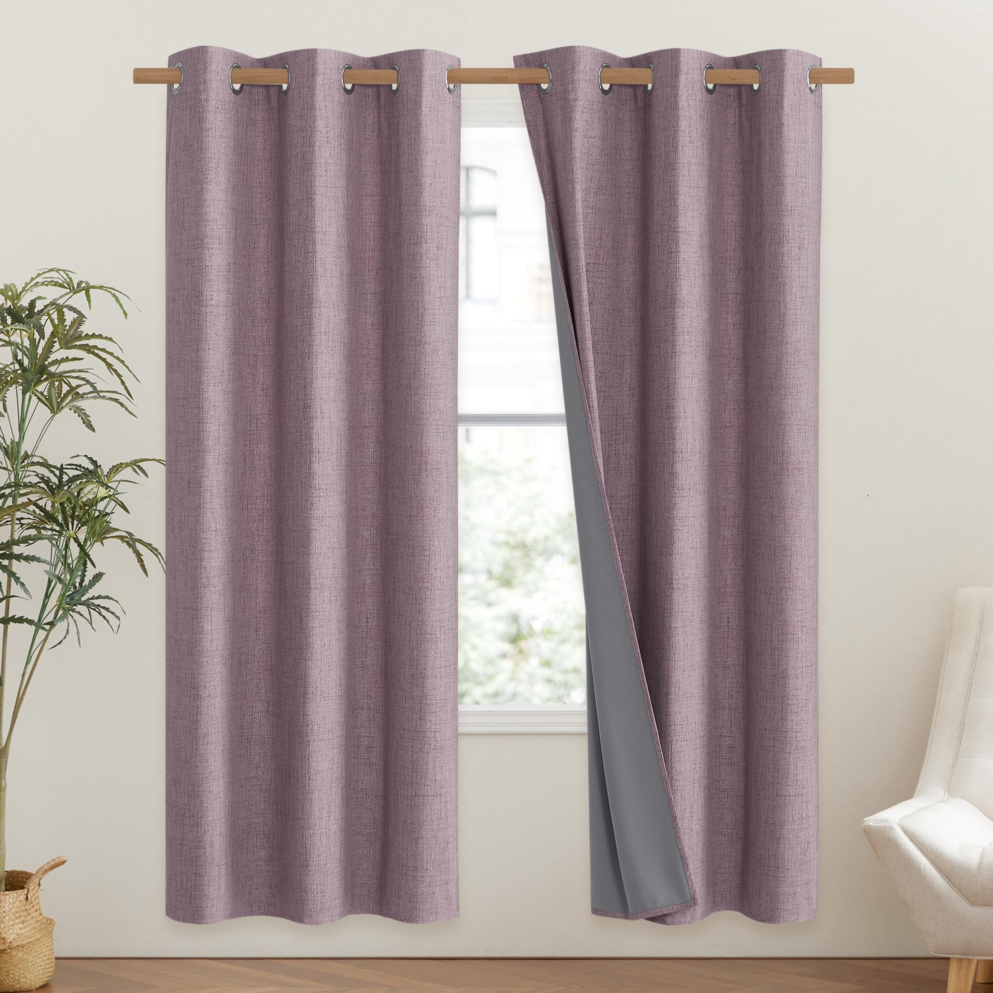 NICETOWN Chaise Mauve Vintage Linen 100% Blackout Curtains for Classroom, Thermal Insulated Curtains 72" Long, Noise Reducing Window Treatment Drapes for Gym Room, 42" Wide Per Panel, Set of 2