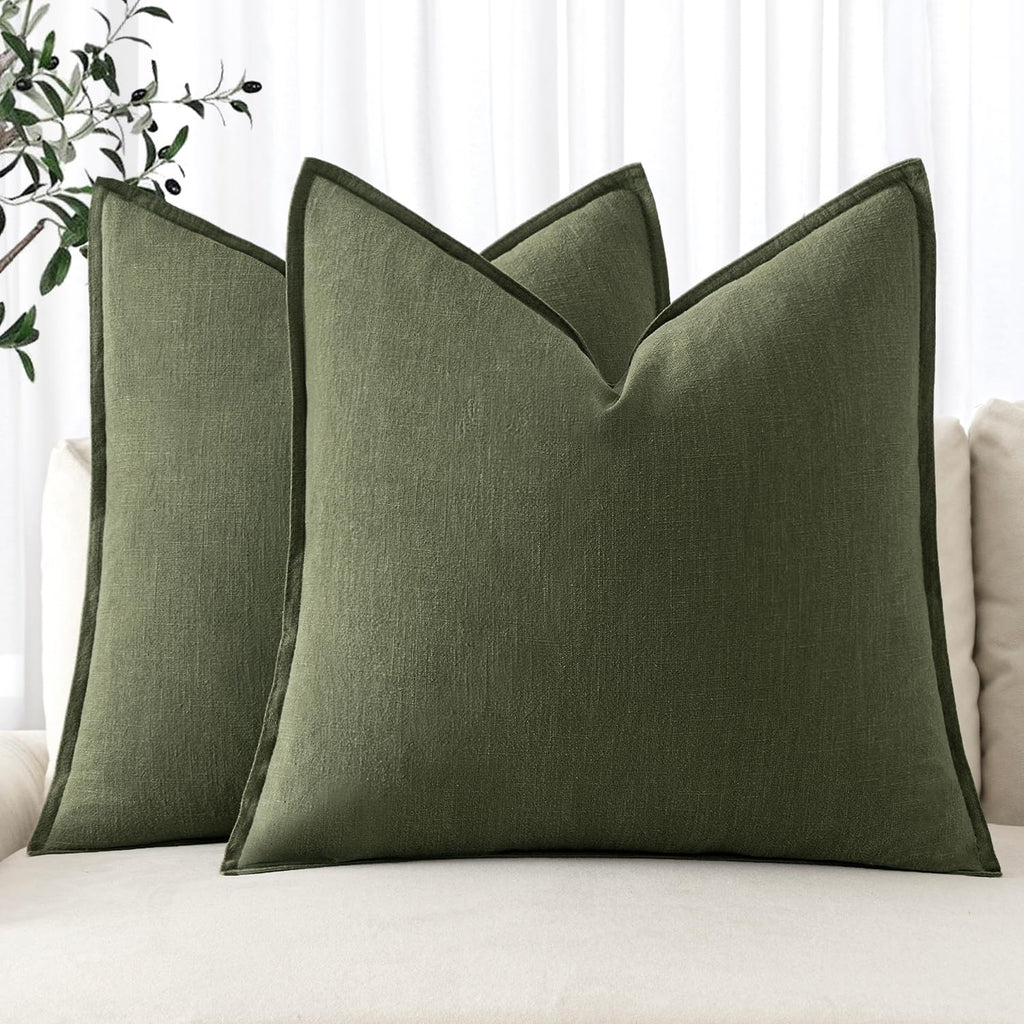 MIULEE Decorative Linen Pillow Covers 18x18 Inch Dark Olive Green