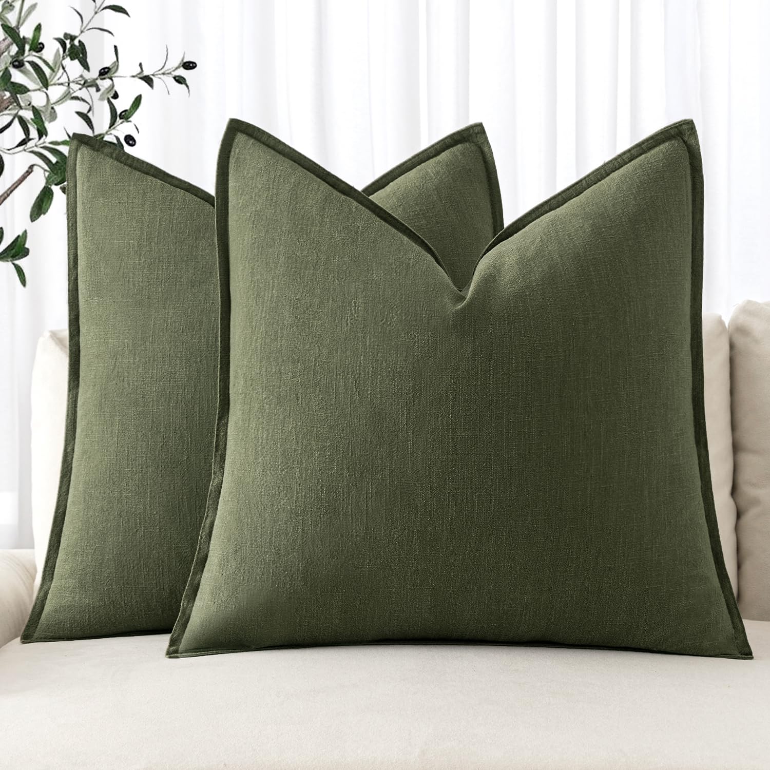 MIULEE Decorative Linen Pillow Covers 18x18 Inch Dark Olive Green