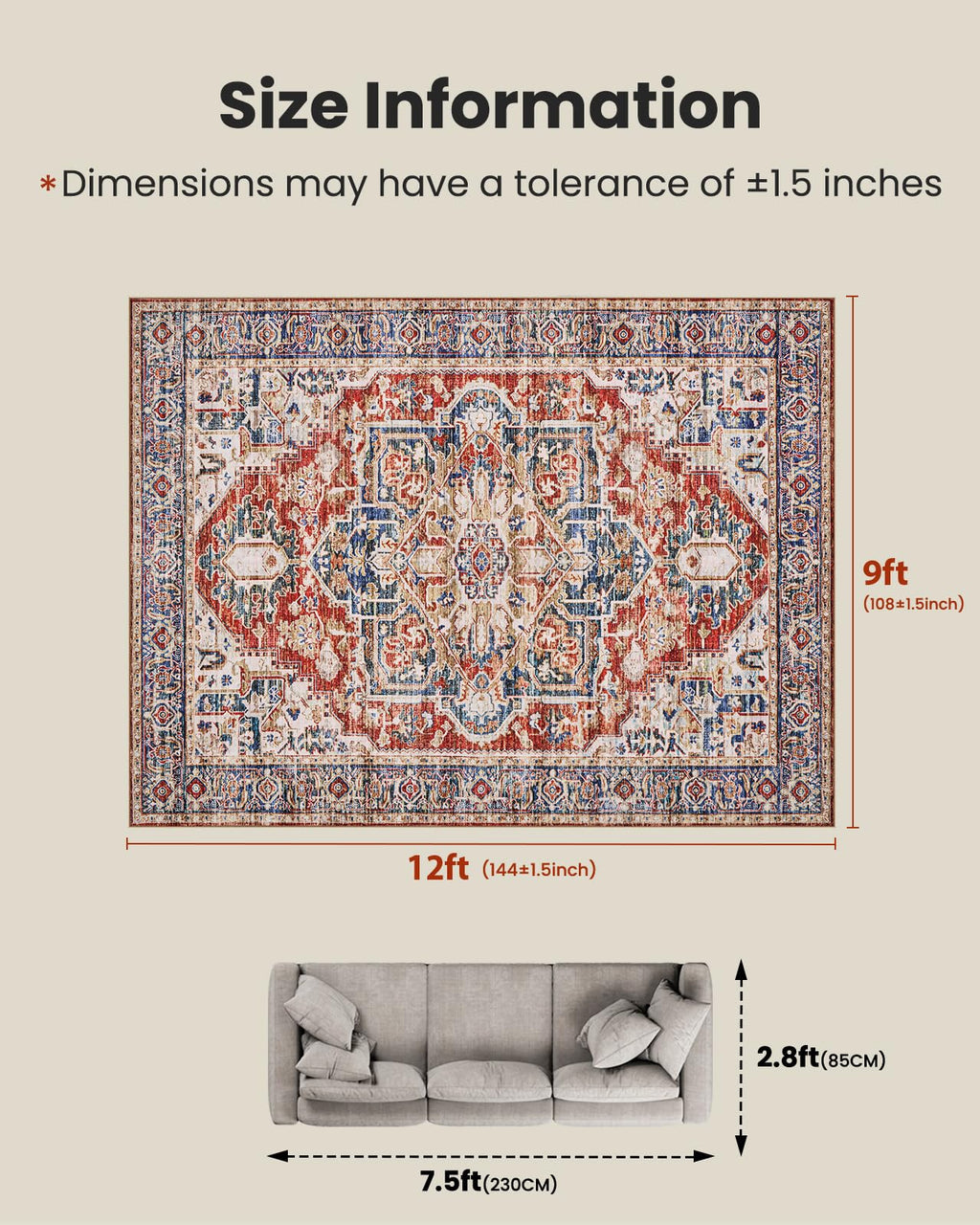 AMADA HOMEFURNISHING 9x12 Washable Area Rug, Low-Profile Large Area Rug with Non-Slip Backing & Durable Edge Binding, Vintage Large Rugs for Living Room, Bedroom & Dinning Room