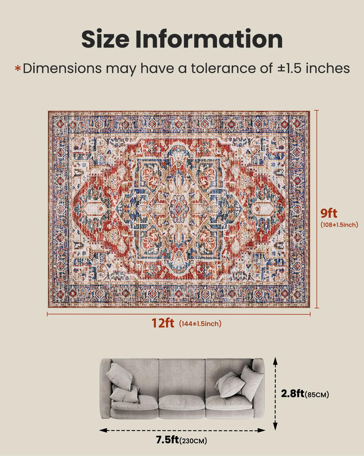 AMADA HOMEFURNISHING 9x12 Washable Area Rug, Low-Profile Large Area Rug with Non-Slip Backing & Durable Edge Binding, Vintage Large Rugs for Living Room, Bedroom & Dinning Room