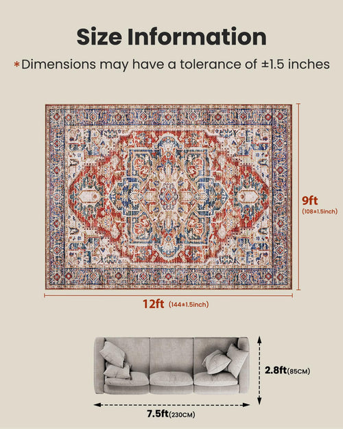 AMADA HOMEFURNISHING 9x12 Washable Area Rug, Low-Profile Large Area Rug with Non-Slip Backing & Durable Edge Binding, Vintage Large Rugs for Living Room, Bedroom & Dinning Room