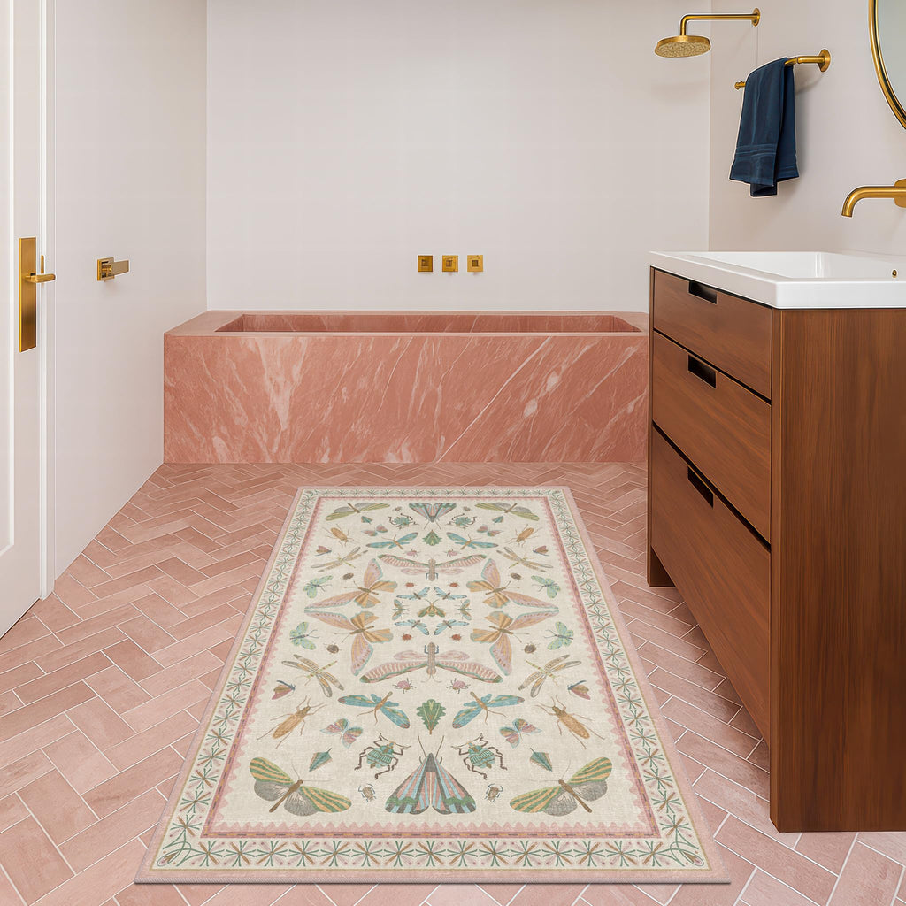 3x5 Flower Area Rug for Girls Bedroom - Washable Light Pink Large Entryway Rug for Laundry Room, Kitchen, Bedroom, Dorm, Insect Print Vintage Floral Non-Slip Throw Rug Low Pile Stain Resistance