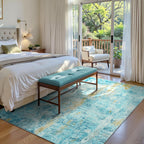 Area Rug 4x6 Teal Blue Rug Washable Boho Rugs Non Slip Low Pile Abstract Small Carpet for Entryway, Bedroom, Kitchen, Classroom, Kids Room, Office, Dorm, Dining Room