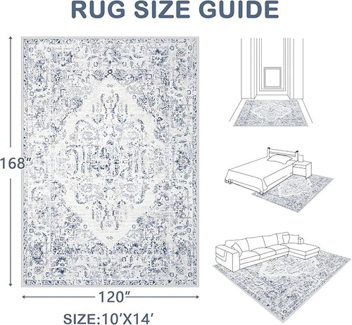 10x14 Area Rugs for Living Room: Washable Rug Vintage Large Rugs Soft Non Slip Low Pile Rug Floral Distressed Floor Carpet for Bedroom Nursery Dining Room Home Office (Blue,10'x14')