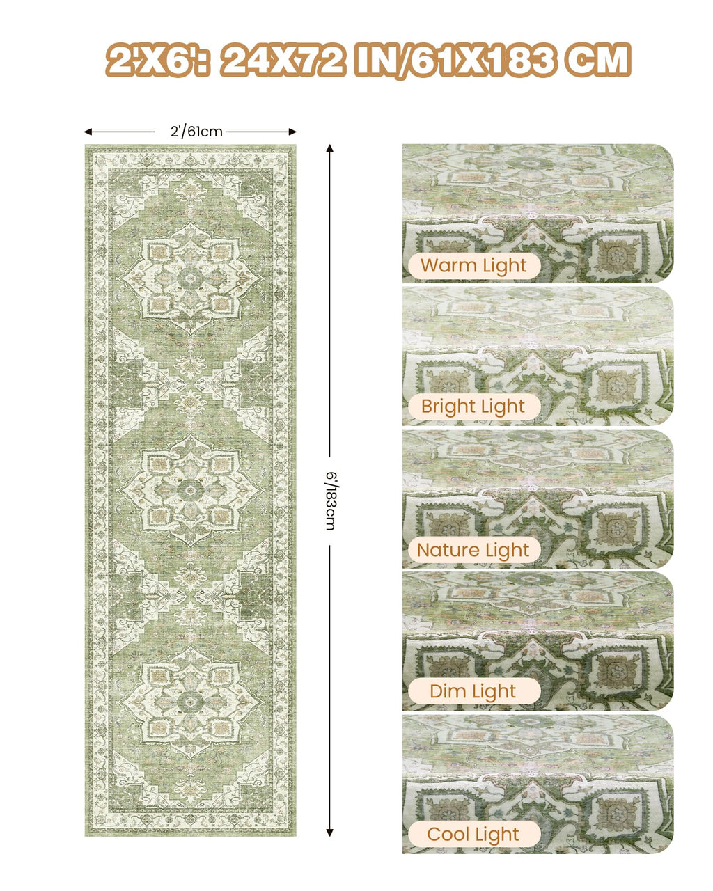 Restydon Runner Rug 2x6, Non Slip Washable Rugs for Hallways, Light Green