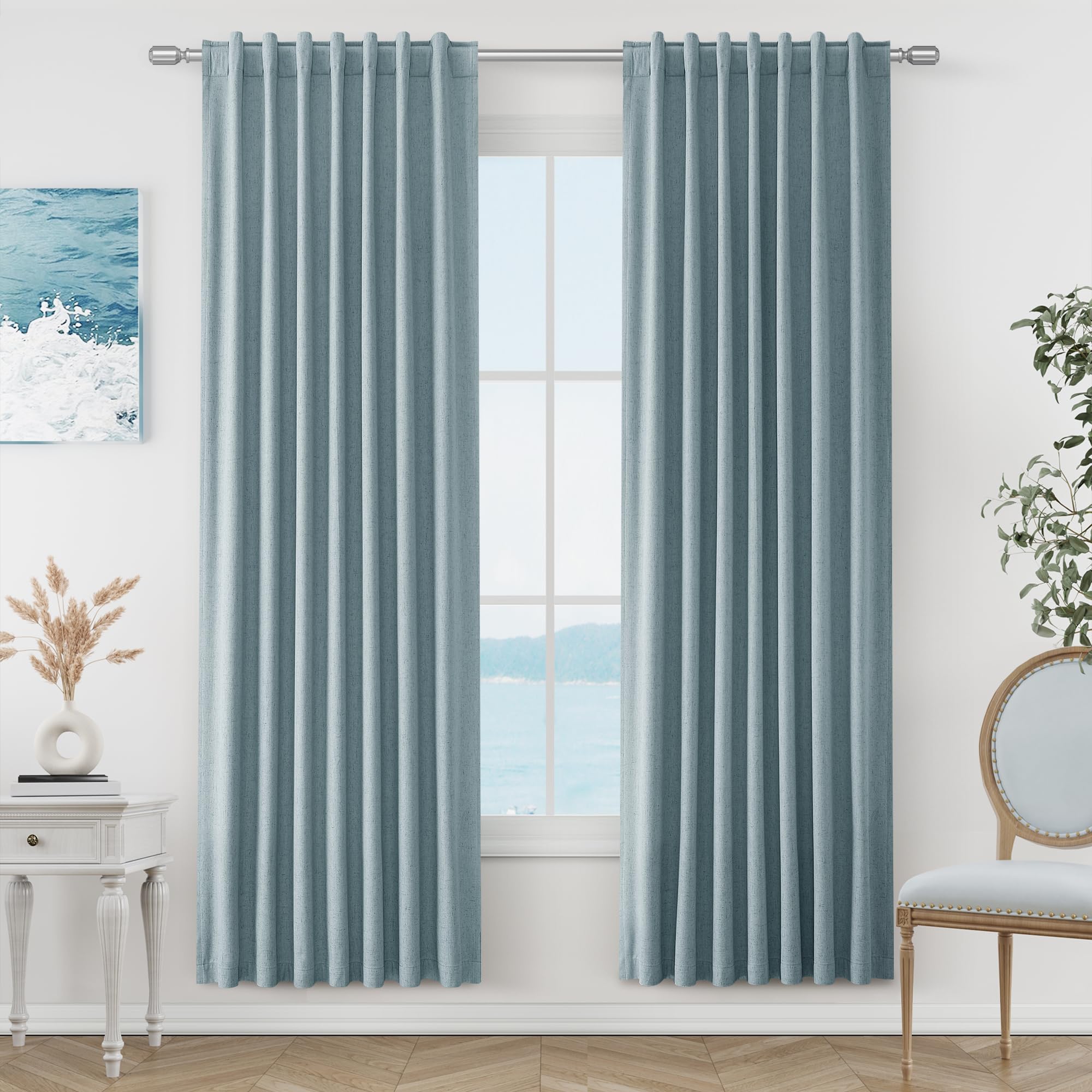 Guken Blue 100% Blackout Linen Curtains 80 Inch Length 2 Panels Set for Living Room Bedroom Back Tab Thermal Insulated Black Out Drapes Room Darkening Window Curtains 80 Inches Long Dusty Blue