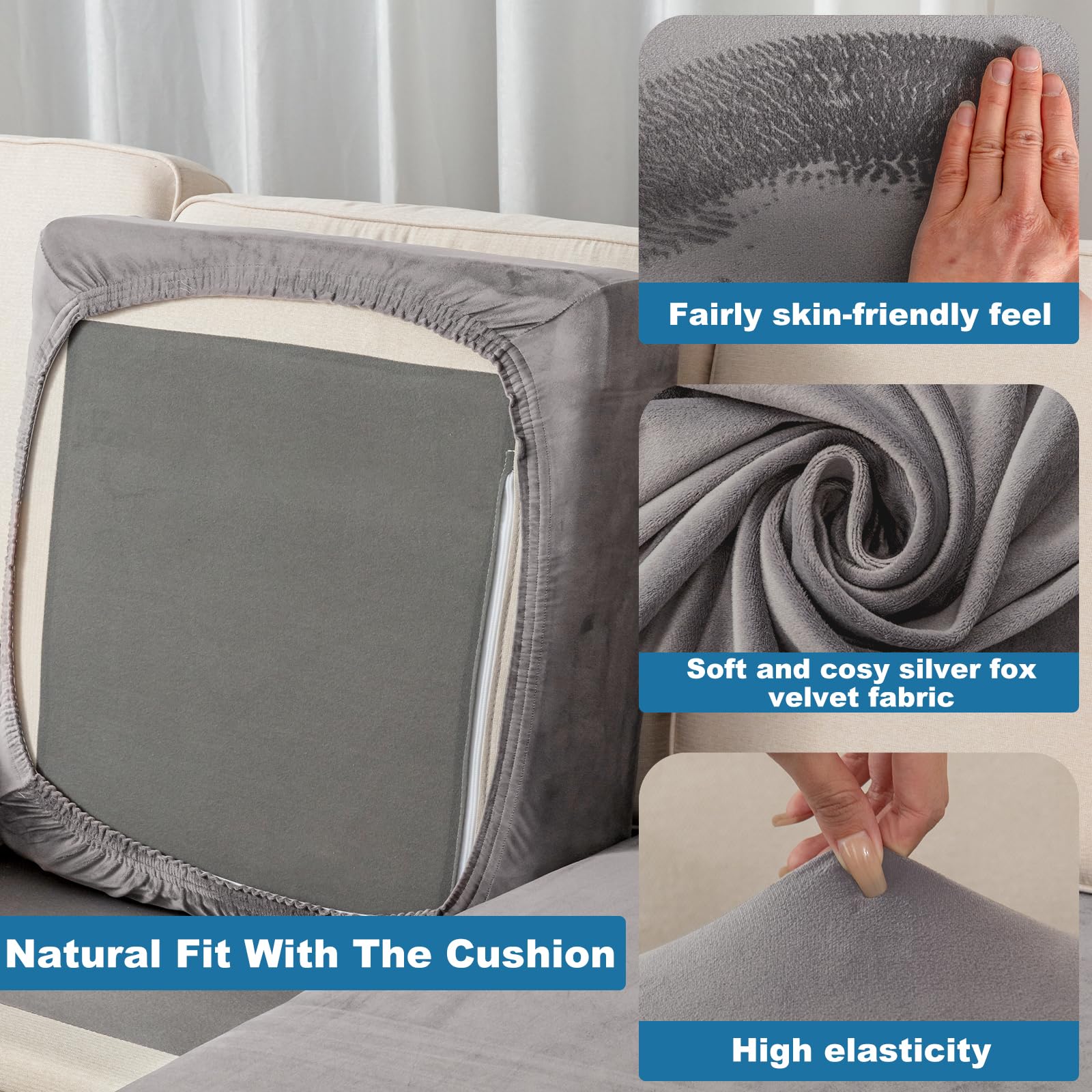 Taque Couch Cover Stretch Velvet Sofa Cushion Cover 3-Piece - Elastic Washable Slipcover for Seat or Backrest, Couch Seat Covers for Sofas (Grey)