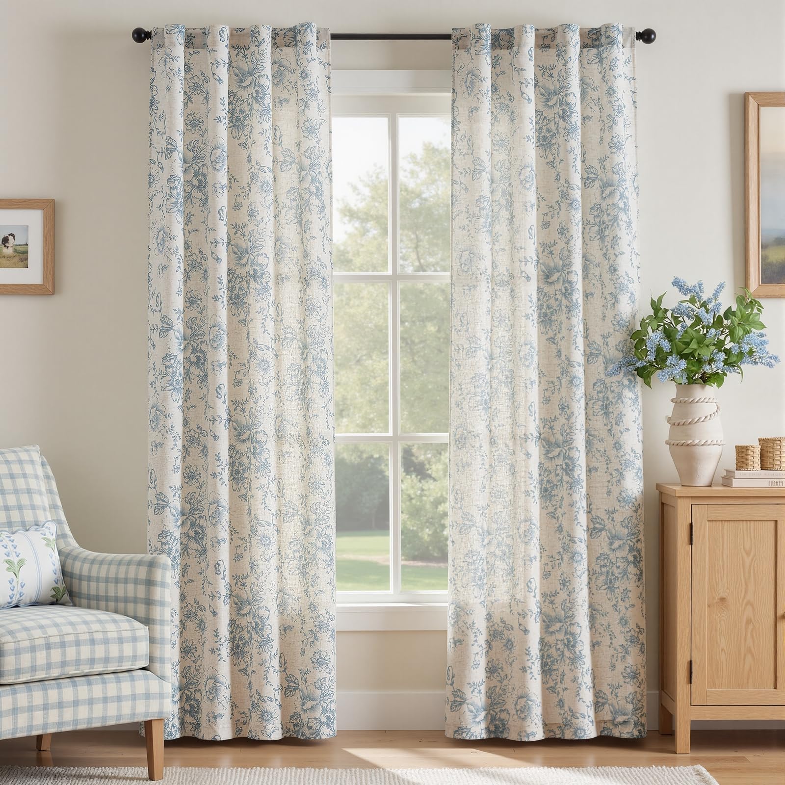jinchan Vintage Floral Linen Curtains 84 Long for Living Room 2 Panels