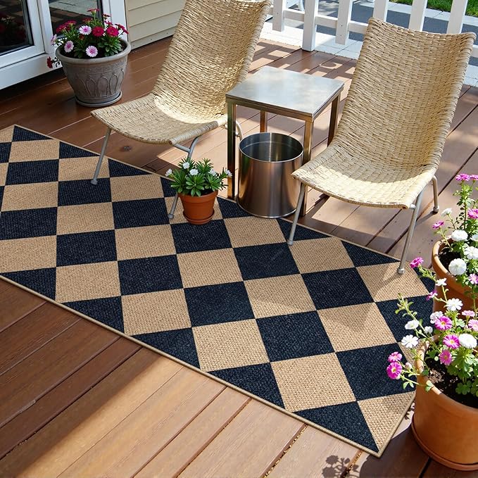 Lahome Checkered Easy Jute Non Slip Runner Rug, 2x6 Kitchen Runner Rug Washable Outdoor Rug for Entryway Indoor, Checkerboard Black Indoor Outdoor Carpet for Hallway 6ft Entry Front Door