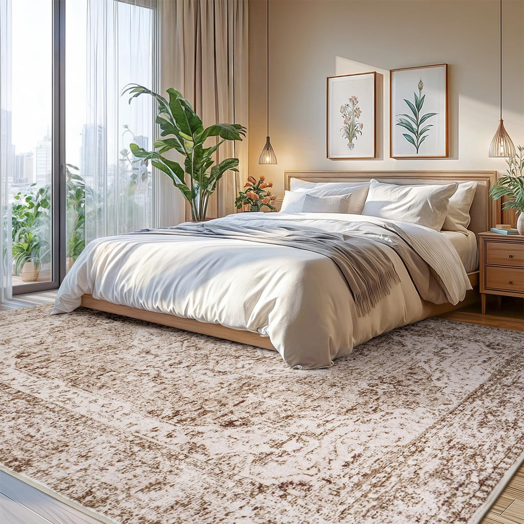 Lofus 5x7 Area Rugs for Living Room, Washable Area Rug, Rugs for Bedroom, Kitchen, Vintage Boho Carpet, Soft Non-Slip, Low Pile Large Area Rug for Office Dining Room, Vintage Beige Brown