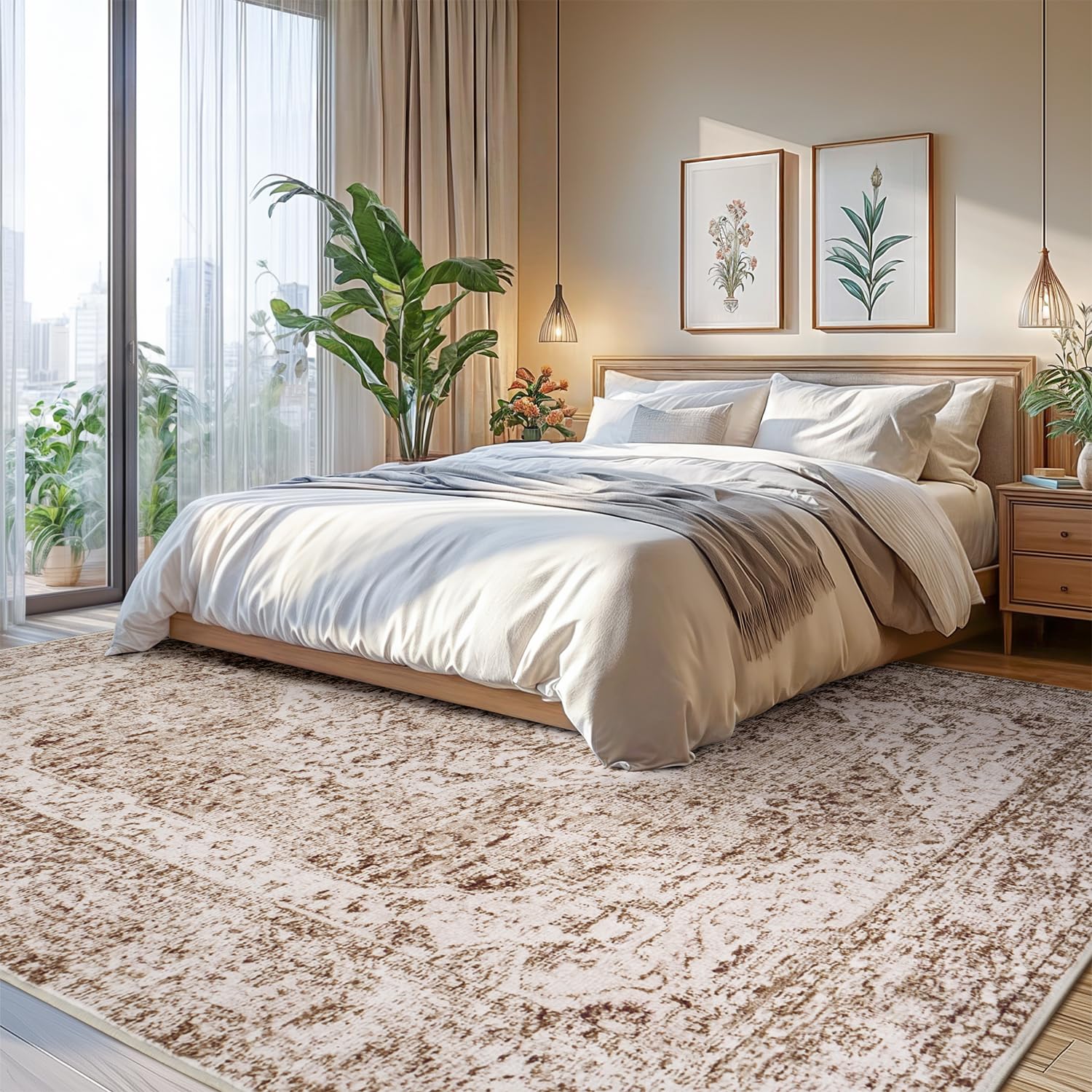 Lofus 5x7 Area Rugs for Living Room, Washable Area Rug, Rugs for Bedroom, Kitchen, Vintage Boho Carpet, Soft Non-Slip, Low Pile Large Area Rug for Office Dining Room, Vintage Beige Brown