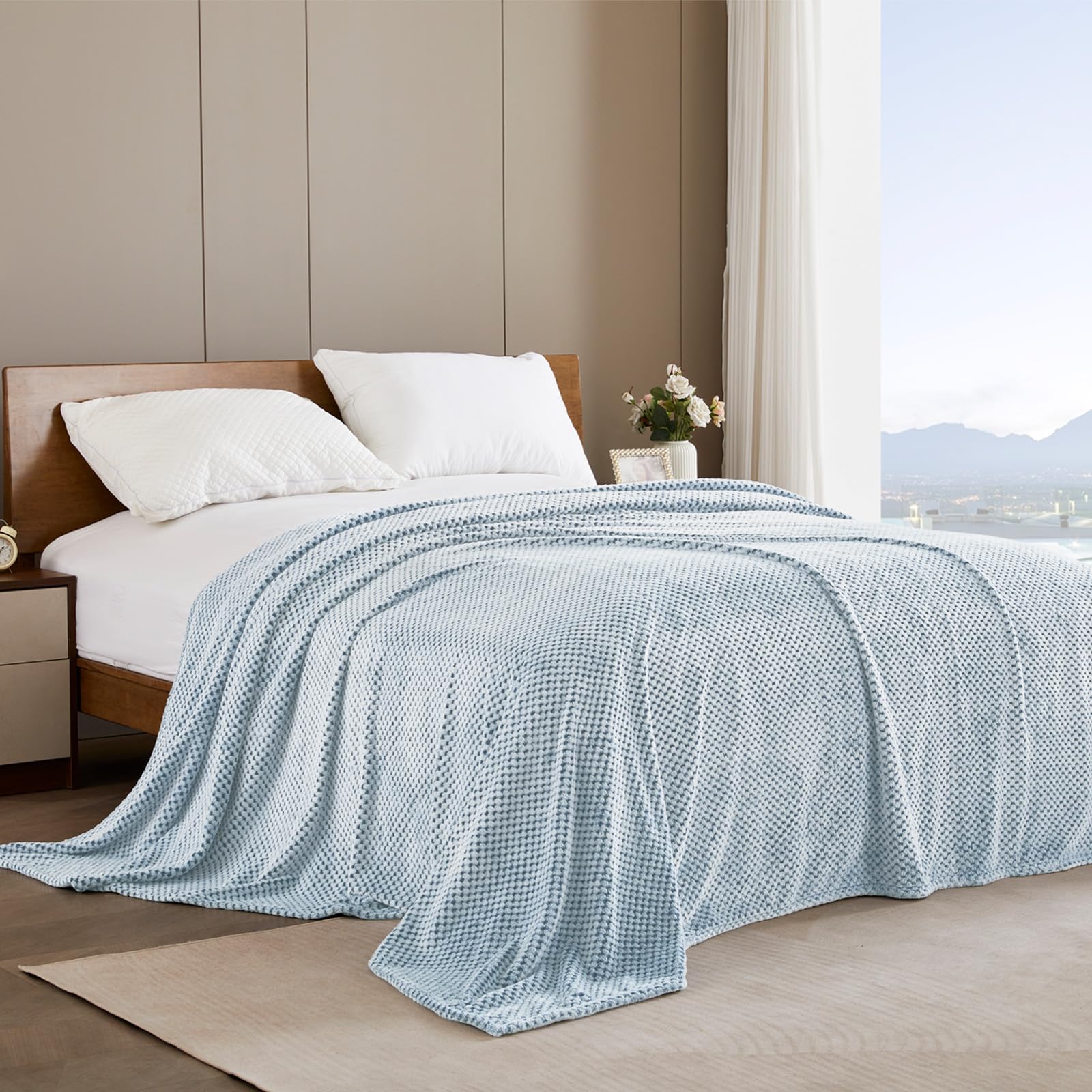 Exclusivo Mezcla Soft Waffle Fleece Bed Blanket King Size, Heather Blue