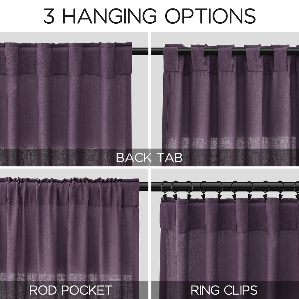 Plum Linen Curtains 102 Inches Long Rod Pocket Back Tab Drapes 2 Panels Set for Living Room Sheer Light Filtering Semi Sheer Plum Curtain 102 Length for Patio Sliding Glass Door 52x102