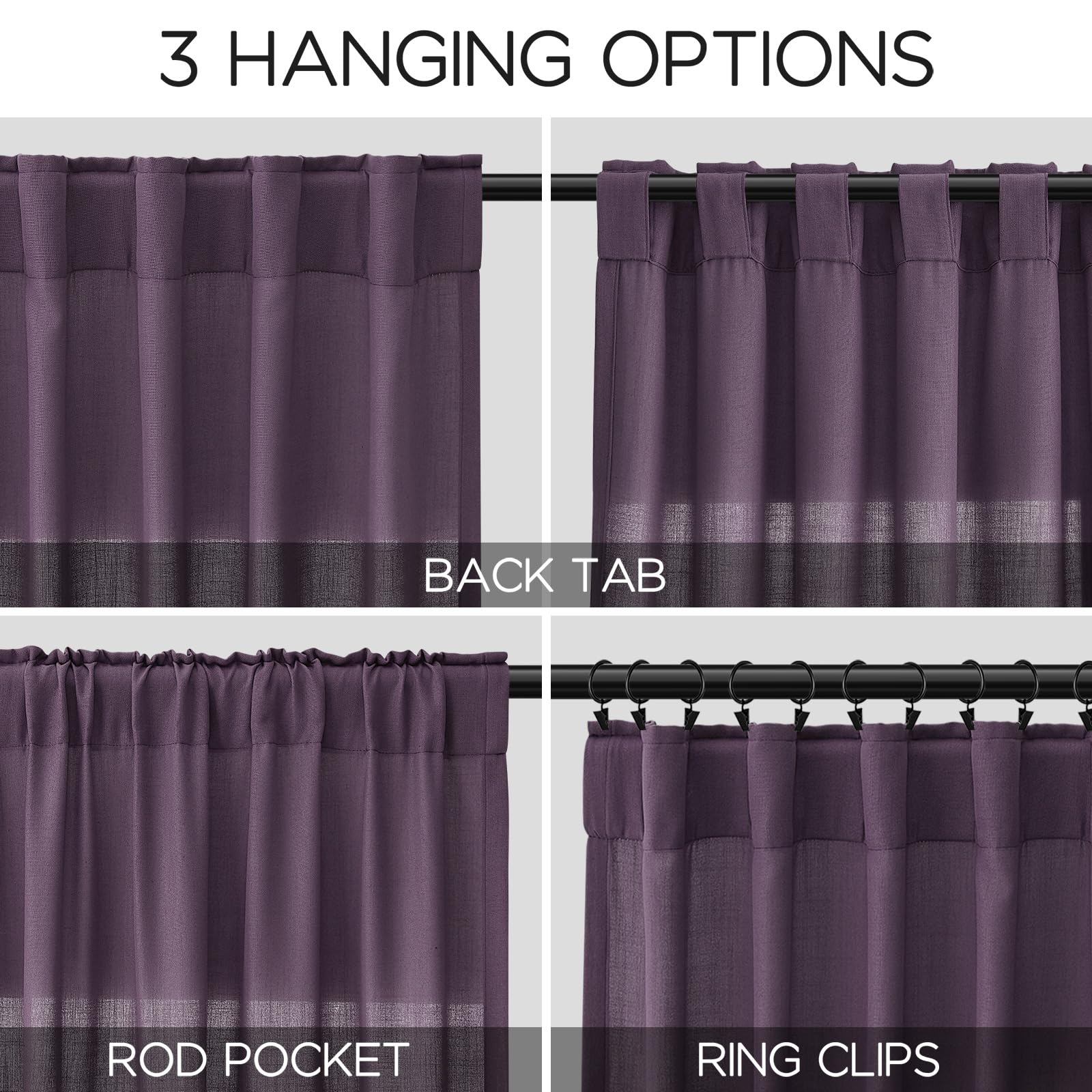 Plum Linen Curtains 102 Inches Long Rod Pocket Back Tab Drapes 2 Panels Set for Living Room Sheer Light Filtering Semi Sheer Plum Curtain 102 Length for Patio Sliding Glass Door 52x102