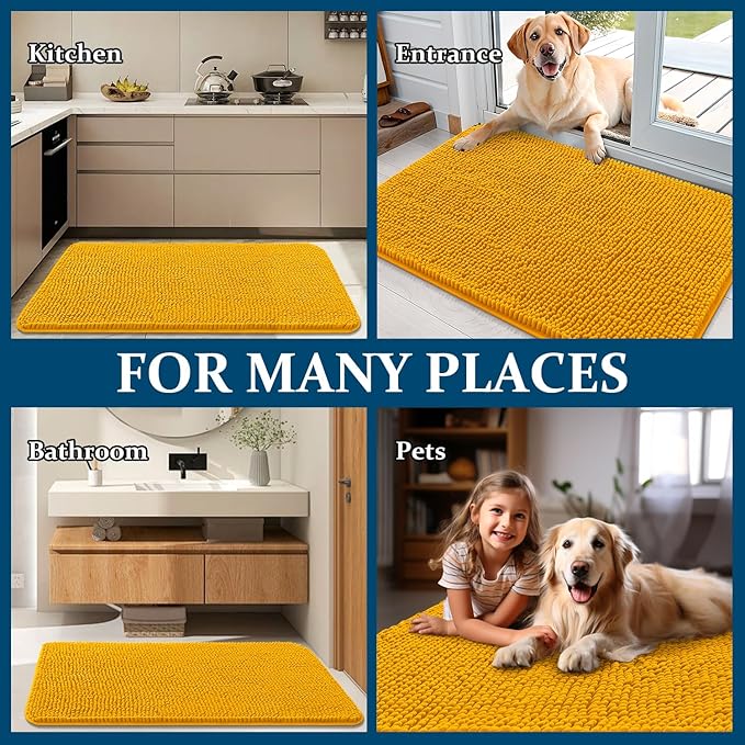 OLANLY Dog Door Mat for Muddy Paws 70x32, Absorbs Moisture and Dirt, Absorbent Non-Slip Washable Doormat, Quick Dry Chenille Mud Mat, Entry Indoor Entryway Carpet for Inside Floor, Golden Yellow