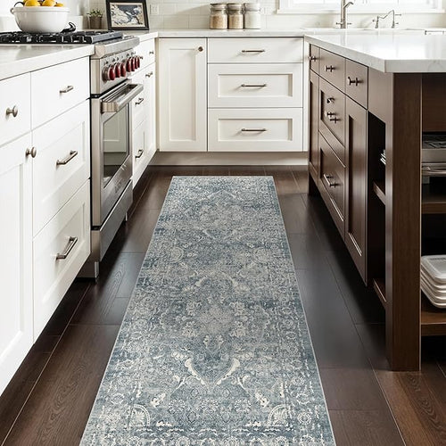 2'6"x8 Washable Runner Rug: Vintage Non-Slip Medallion Rug for Kitchen Blue