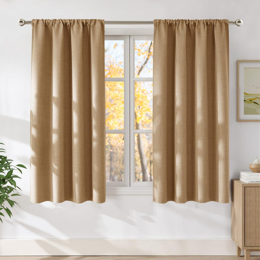 NICETOWN Caramel Faux Linen Room Darkening Rod Pocket Curtains 63 inch Length, W42 x L63, Light Blocking Thermal Insulated Noise Reducing Drapes for Bedroom Living Room Farmhouse Decor, 2 Panels