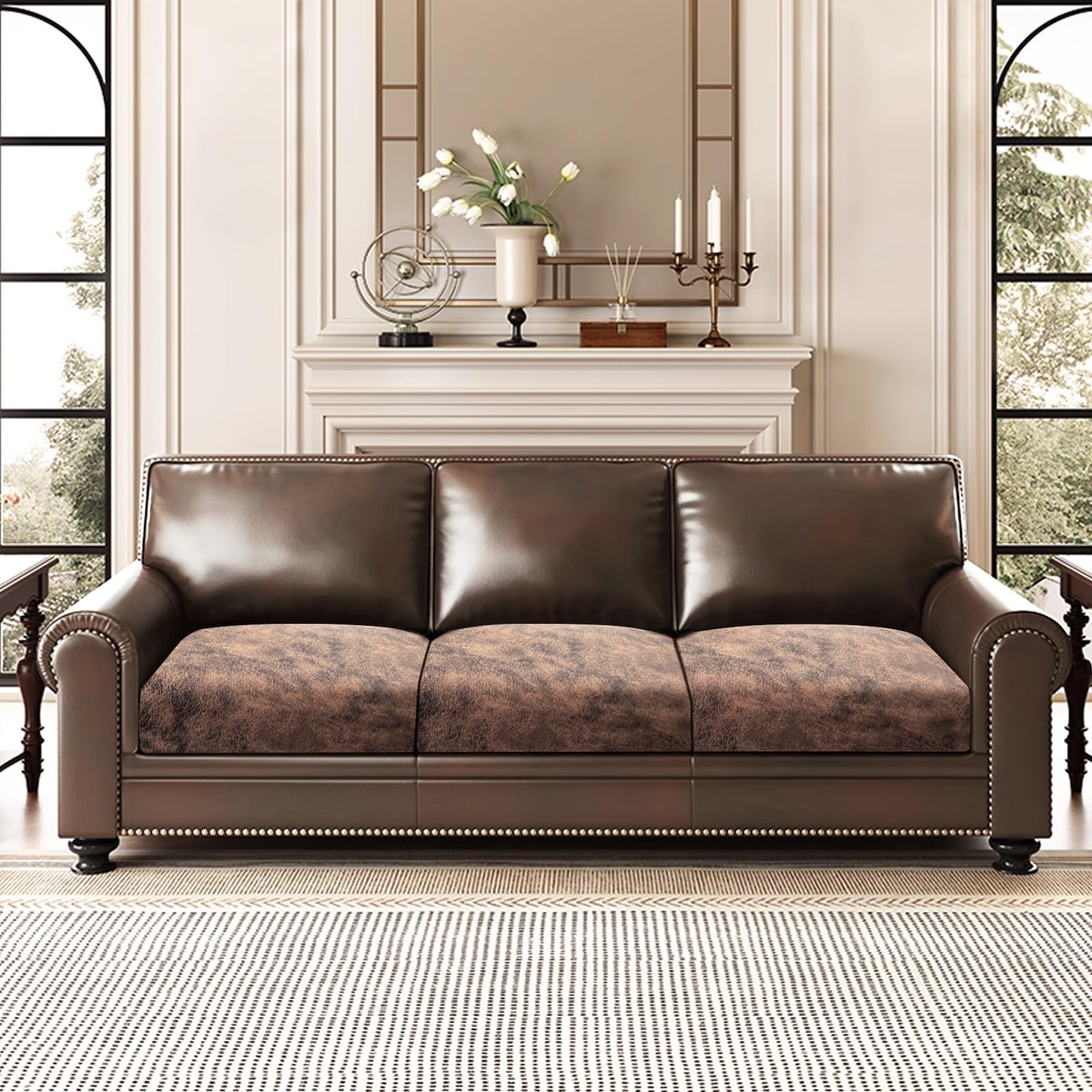 ANARACHON Leather Look Couch Cushion Covers Sofa Seat Slipcovers Sets Couches Furniture Protector for Sectional Armchair Loveseat Pets Kids Stretch Spandex Fabric (3 Cushion Sofa, Light Brown)