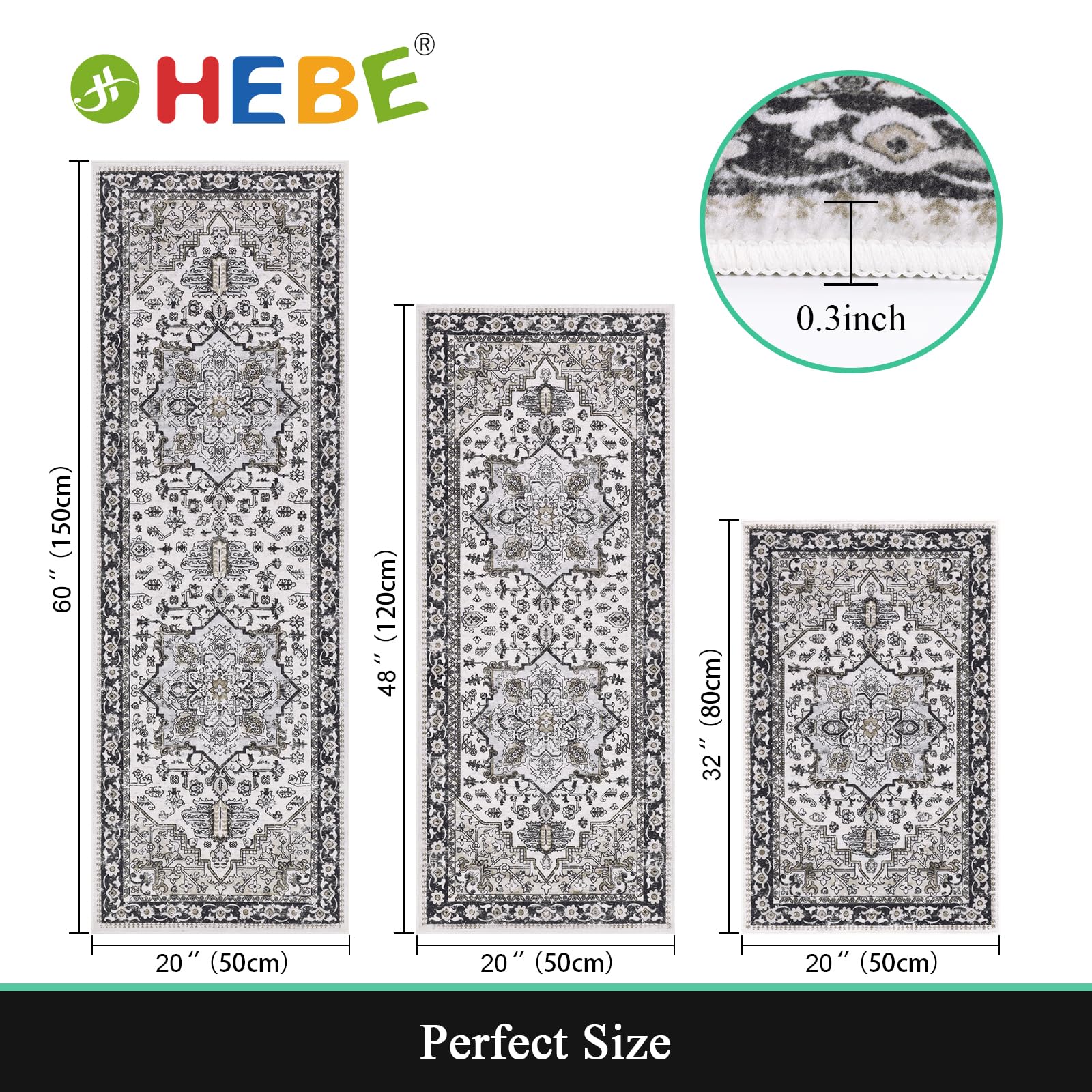 HEBE Boho Kitchen Rugs Set of 3, Non Slip Washable Kitchen Mats for Floor