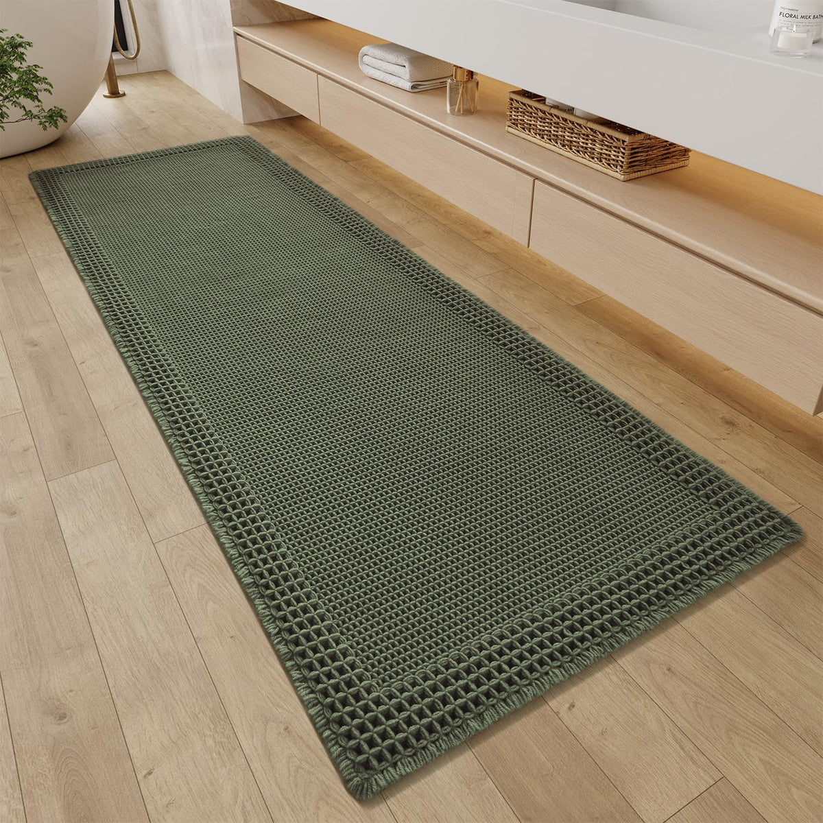 RESARE Waffle Bathroom Runner Rugs, Non Slip Boho Bath Mat 24"x60" Green