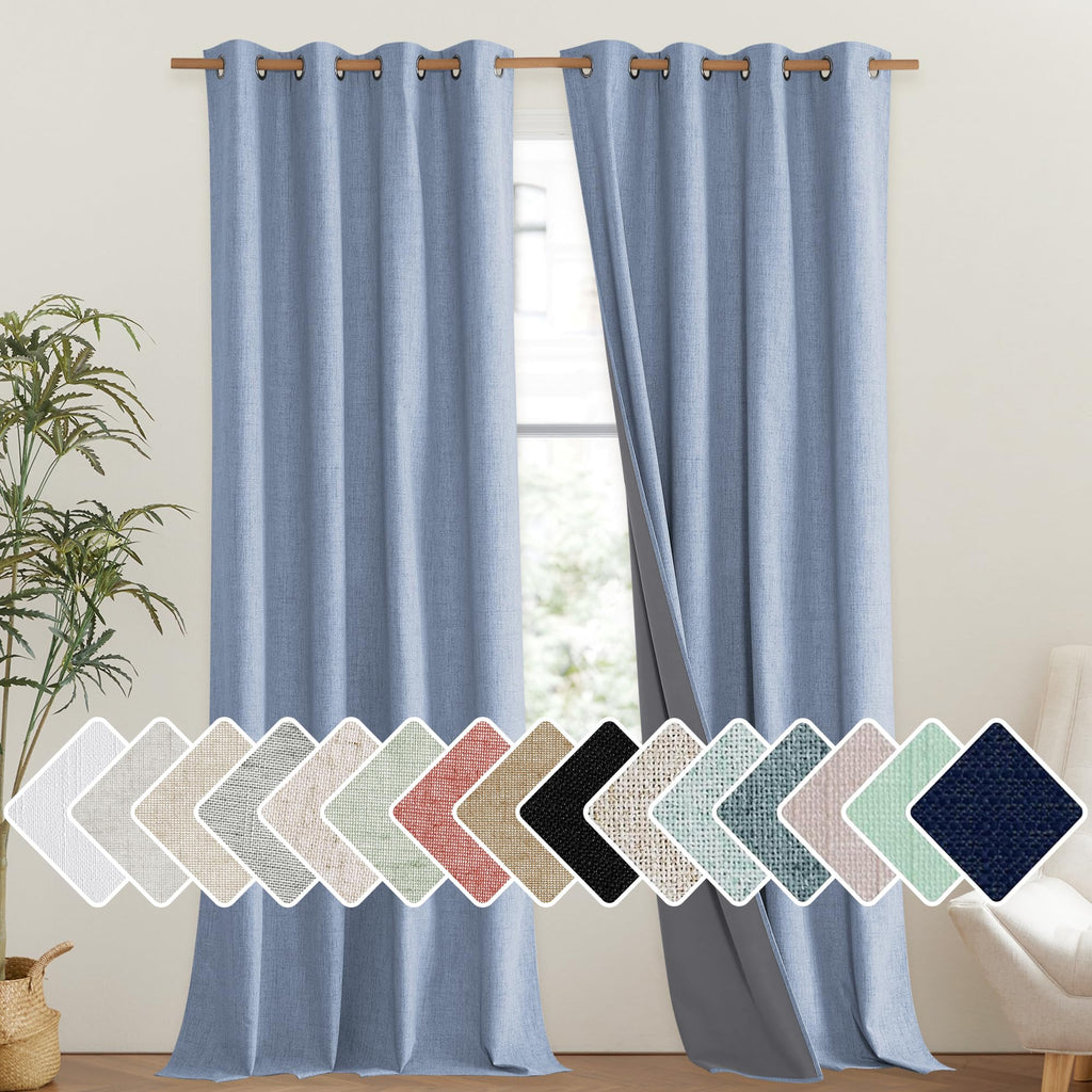 NICETOWN Stone Blue Vintage Linen 100% Blackout Curtains for Living Room, Thermal Insulated Curtains 102" Long, Noise Reducing Window Treatment Drapes for Hall Room, 52" Wide Per Panel, Set of 2