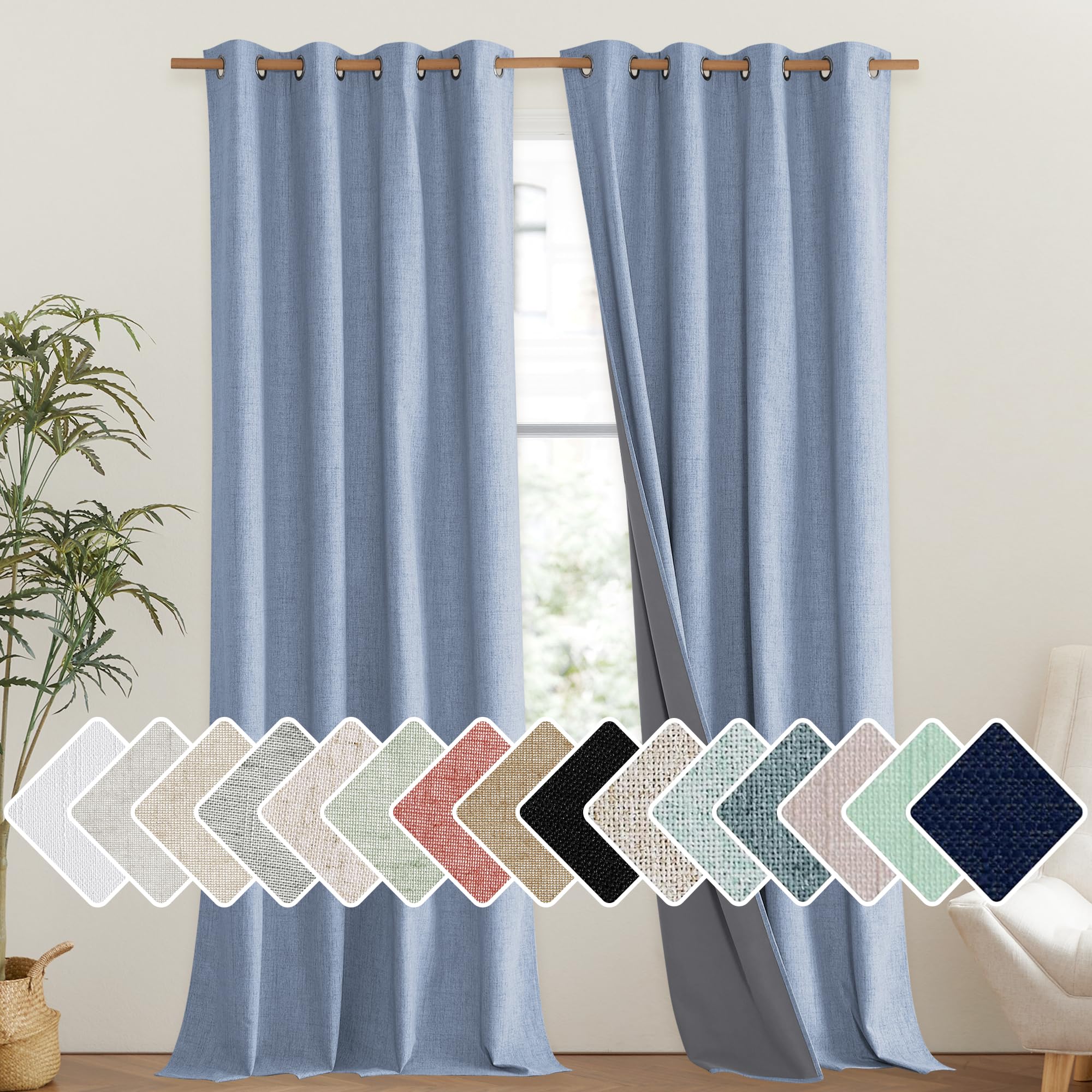 NICETOWN Stone Blue Vintage Linen 100% Blackout Curtains for Living Room, Thermal Insulated Curtains 102" Long, Noise Reducing Window Treatment Drapes for Hall Room, 52" Wide Per Panel, Set of 2