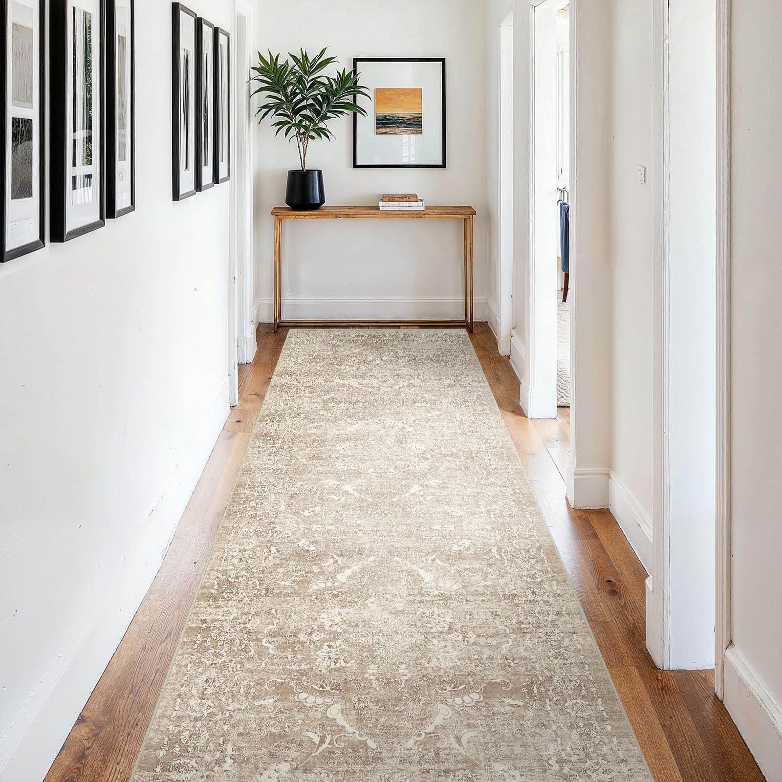 4x12 Washable Hallway Runner Rug: Vintage Wide Low Pile Rugs NaturalBeige