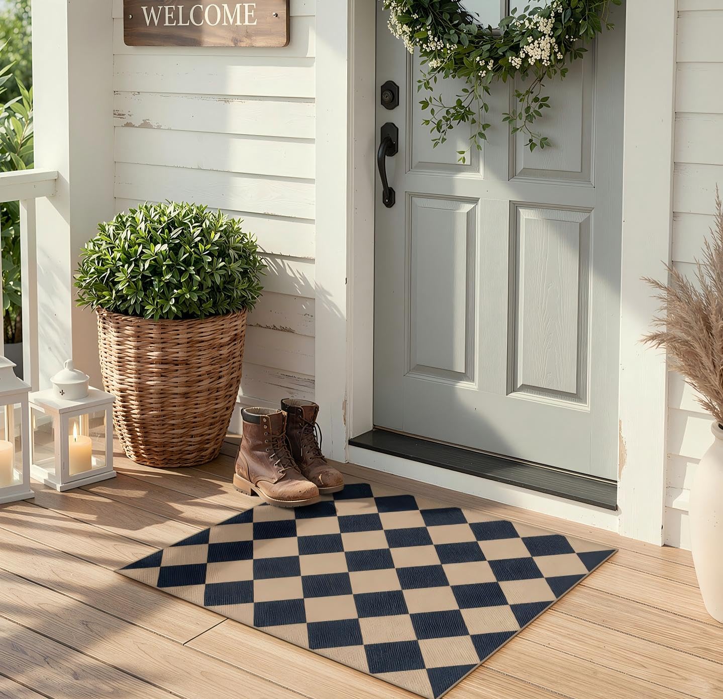 Lahome Checkered Easy Jute Non Slip Front Door Mat, 2x3 Kitchen Rug Neutral Small Throw Rug, Farmhouse Diamond Washable Non Shedding Low Pile Black Floor Carpet for Entryway Front Porch Doorway