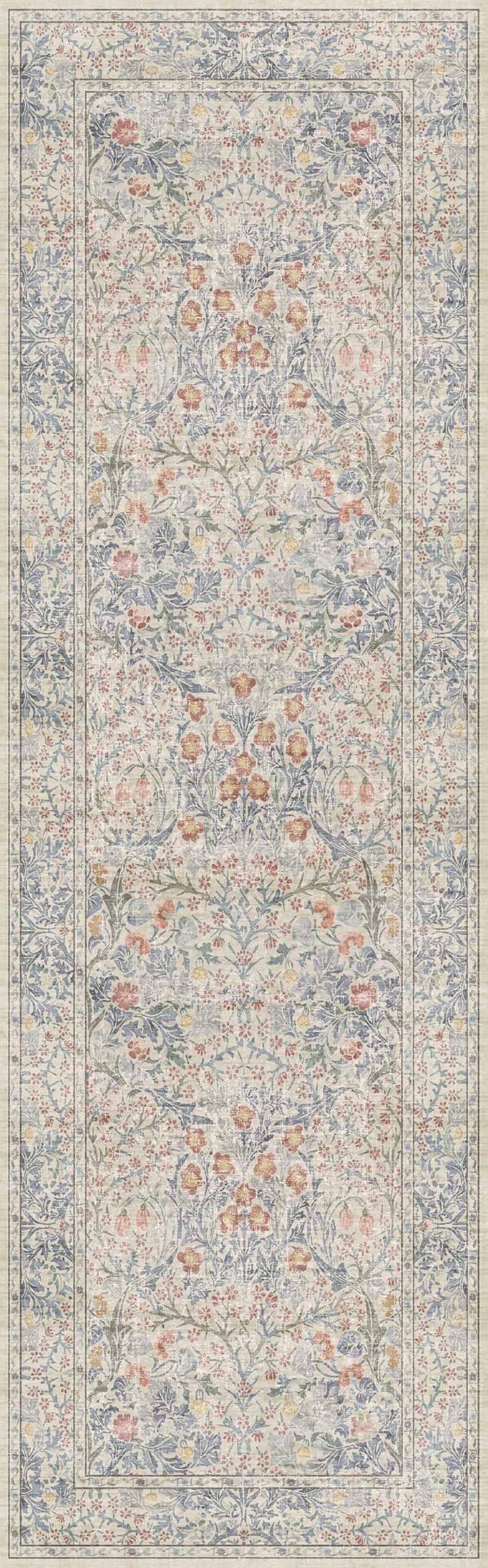 Vintage Beige Blue 2'6" x 8' Runner Rug for Hallway, Kitchen, Bathroom, Entryway Indoor, Washable Non Slip Rubber Backing Stain Resistant - Botanical Home Decor