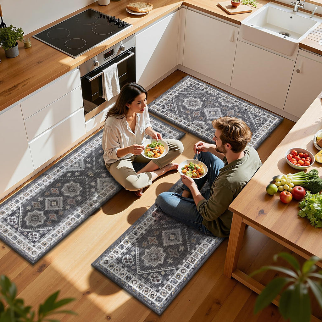 HEBE Boho Kitchen Rugs Set of 3, Non Slip Washable Kitchen Mats for Floor