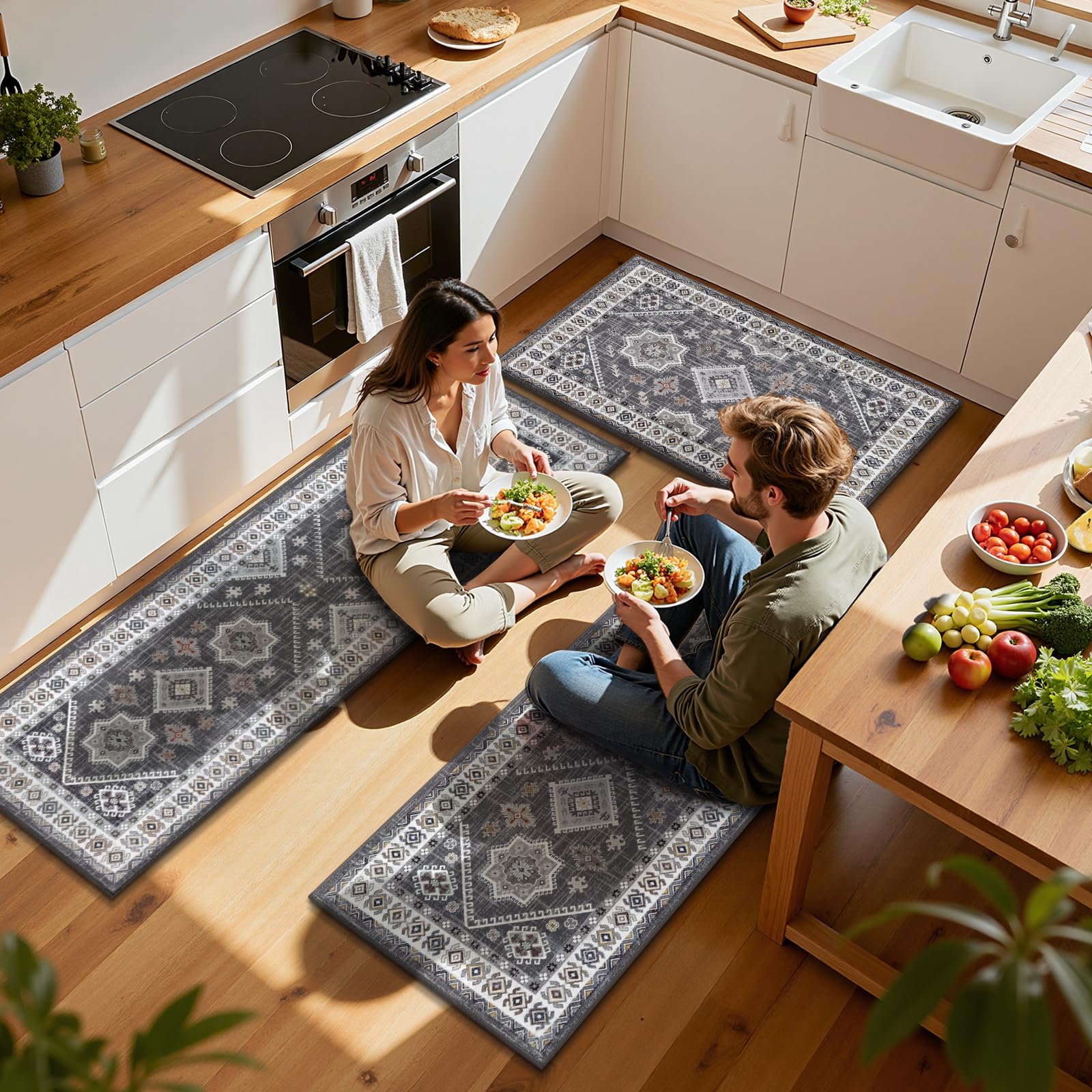 HEBE Boho Kitchen Rugs Set of 3, Non Slip Washable Kitchen Mats for Floor