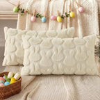 decorUhome Easter Bunny Pillow Covers 12x20 Inch Set of 2, Soft Plush Faux Wool Jacquard Beige Rabbit Cushion Covers, Farmhouse Neutral Spring Easter Holiday Decor for Couch Sofa Bed
