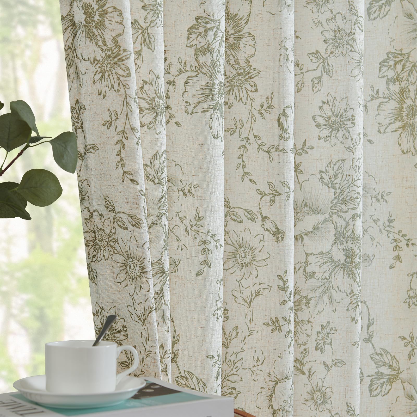 jinchan Green Floral Linen Light Filtering Curtains for Living Room 84 Inches Long