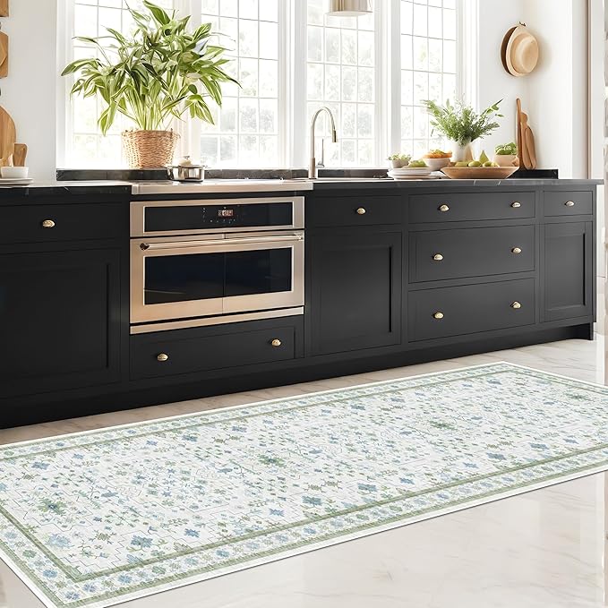 Hazo Haus Turkish 3x8 Wide Hallway Runner - Cream Green Oushak Boho Floral, Washable Low Pile Non Slip Stain Resistant Rug for Kitchen, Bathroom, Hall Way