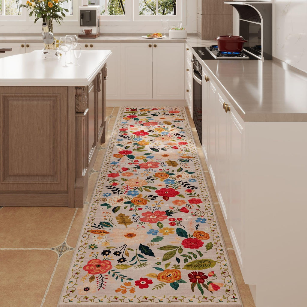Rugcomf Washable Kitchen Runner 2'7"x12' - Floral Long Hallway Runner Rug Non Slip, Boho Carpet for Entryway, Hall, Bathroom - Beige