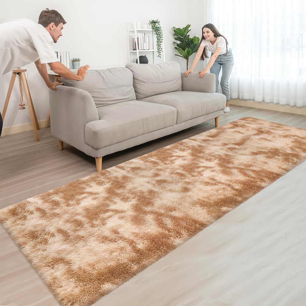JiaoBaba Super Soft Fluffy Living Room Area Rugs 3x10 ft Tie-Dyed Beige Shaggy Furry Carpet Washable Non-Slip Floor Rug Bedroom Bedside Nursery Rug Fuzzy Girls Boy Reduce Noise Dorm Home Decor